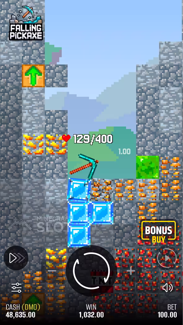 Falling Pickaxe gameplay on a mobile device featuring a big win