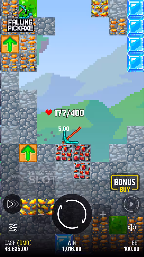 Falling Pickaxe gameplay on a mobile device breaking blocks with the diamond pickaxe