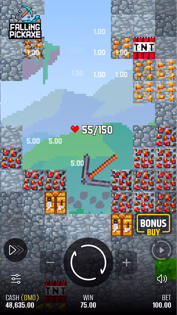 Falling Pickaxe gameplay on a mobile device with the upgrade arrow item active