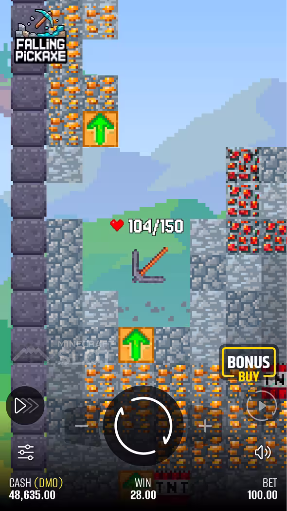 Falling Pickaxe gameplay on a mobile device digging down through the tower of Minecraft-style blocks