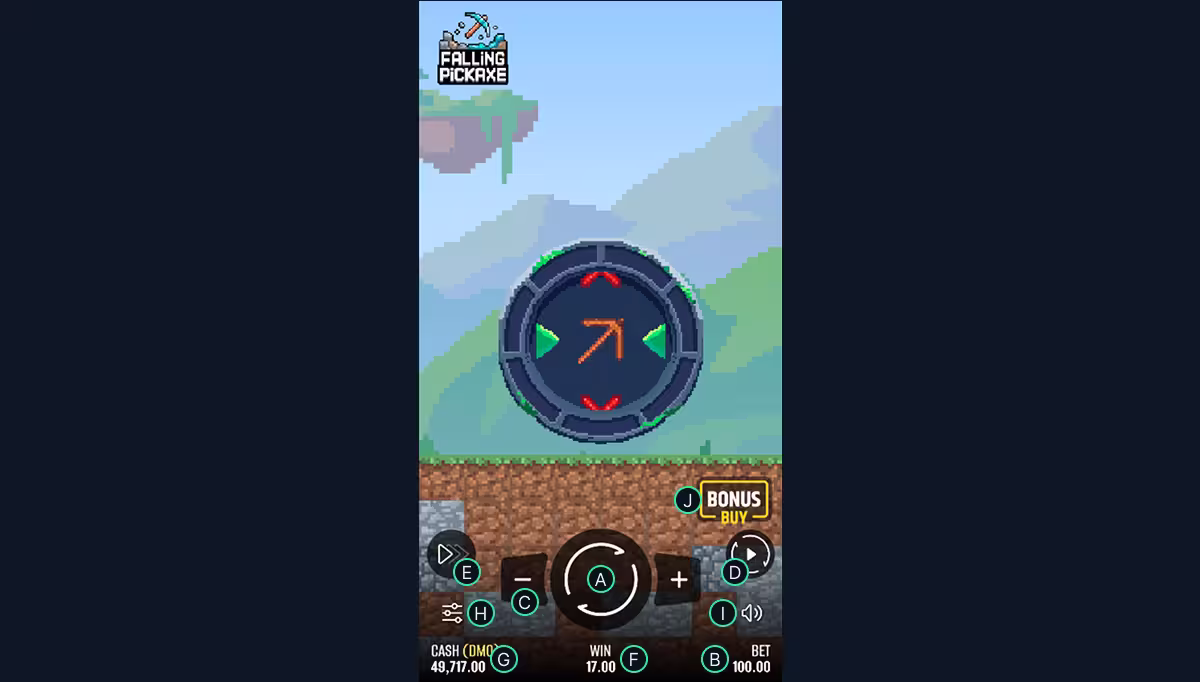 Falling Pickaxe on a mobile screen with lettered callouts A to J marking the bet button, bet size display, bet size picker, auto play menu, game speed control, last win display, balance display, settings menu, volume control and buy bonus button