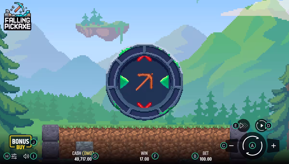 Falling Pickaxe on a PC screen with lettered callouts A to J marking the bet button, bet size display, auto play menu, game speed control, last win display, balance display, settings menu, volume control and buy bonus button