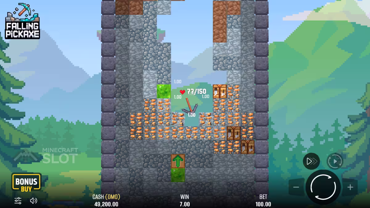 Falling Pickaxe gameplay screenshot showing the pickaxe striking down onto the towering stack of blocks