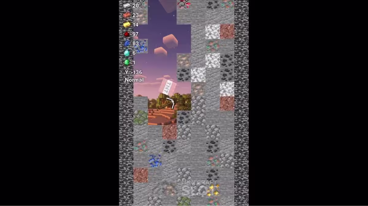 A minecraft style idle-miner game from tik-tok showing a pickaxe free falling onto a stack of blocks