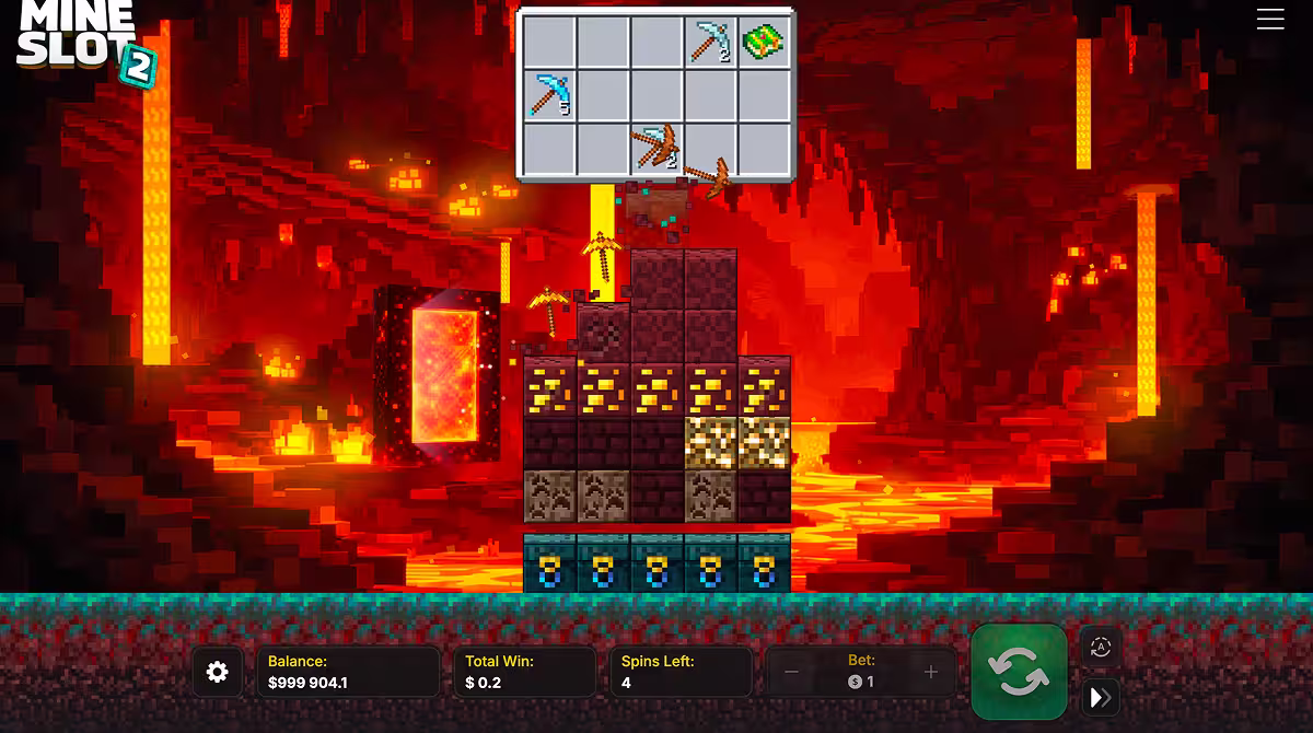 Mine Slot 2 gameplay screenshot featuring the nether world environment in the free spins bonus game