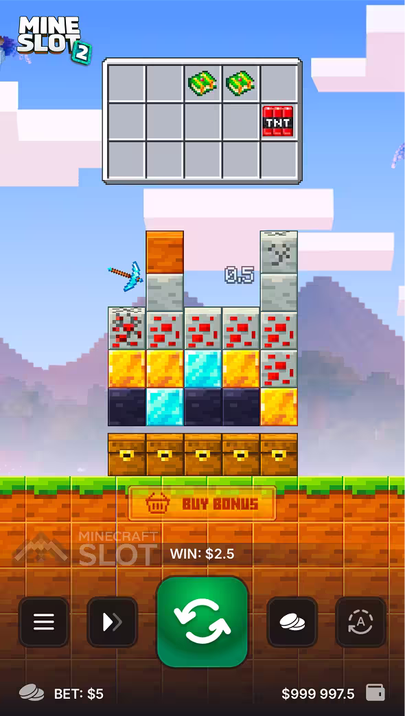 Mine Slot 2 gameplay on mobile device screen showing the betting panel as a bet is placed