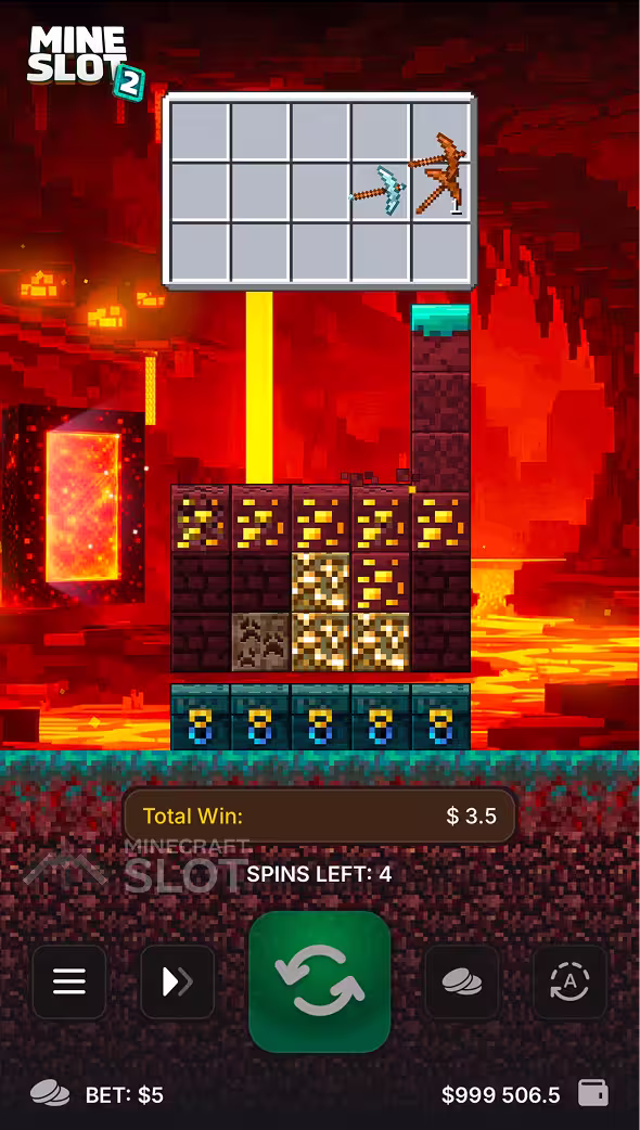 Mine Slot 2 gameplay on mobile device screen playing the free spins Block Bonus in the Nether world