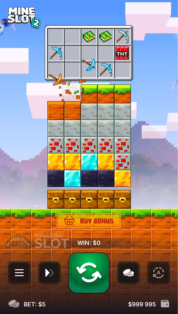 Mine Slot 2 gameplay on mobile device screen showing pickaxes tumbling onto a block stack
