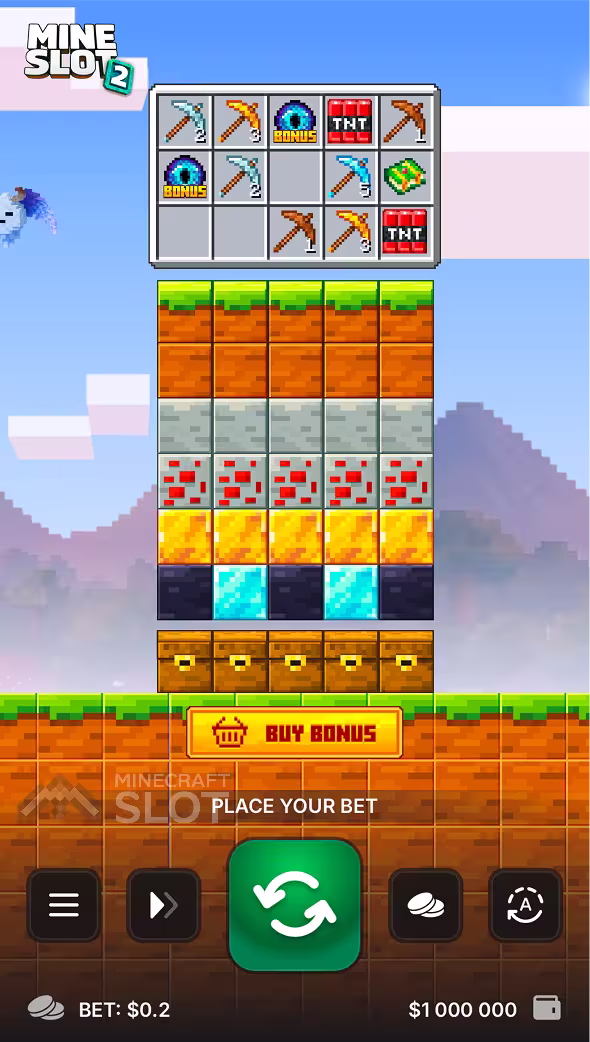 Mine Slot 2 gameplay on mobile device screen showing the base game grid of blocks