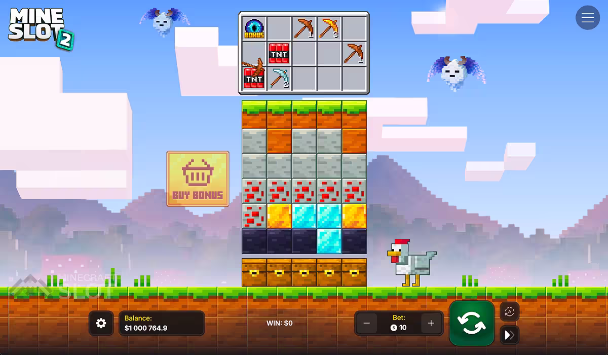 Mine Slot 2 gameplay on a wide pc screen showing the base game with pickaxes falling onto the block stack