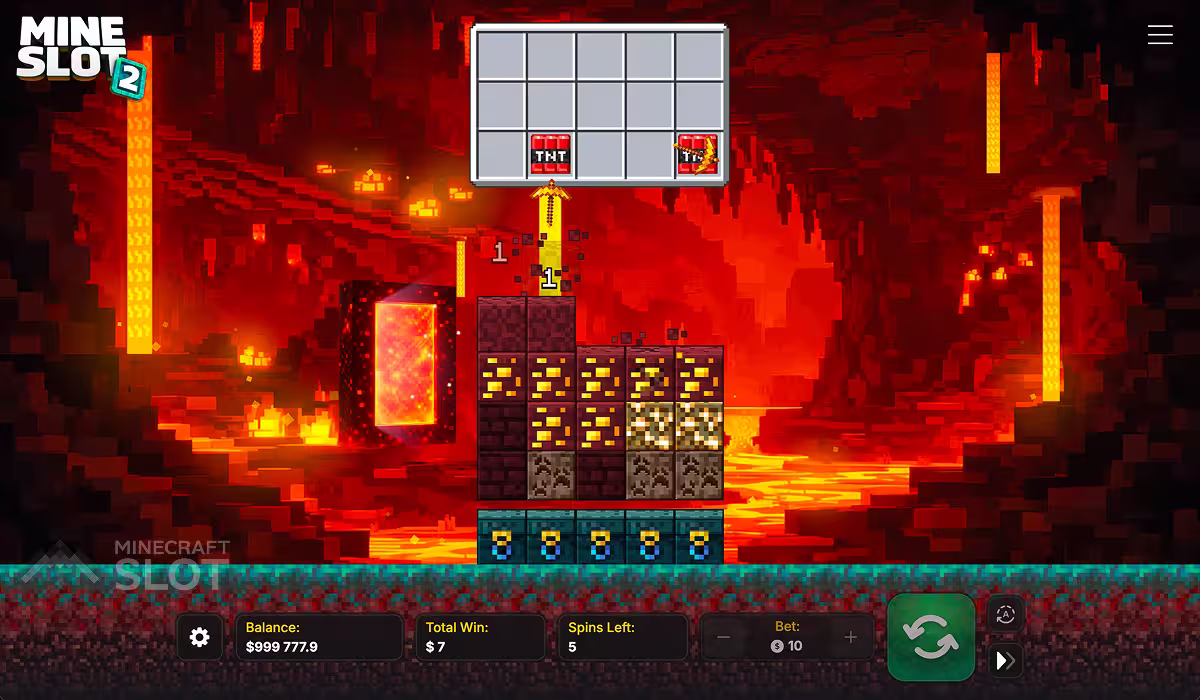 Mine Slot 2 gameplay on a wide pc screen playing the free spins Block Bonus in the Nether world