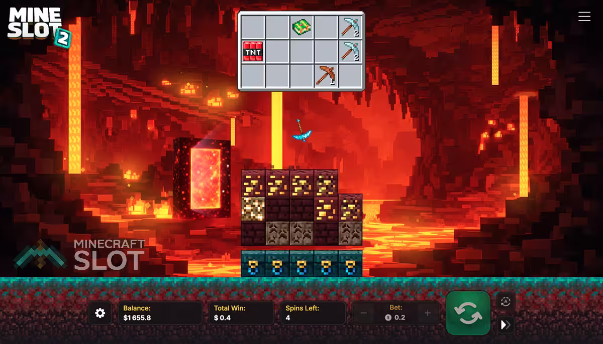 Mine Slot 2 bonus game showing TNT and pickaxe symbols above a block grid