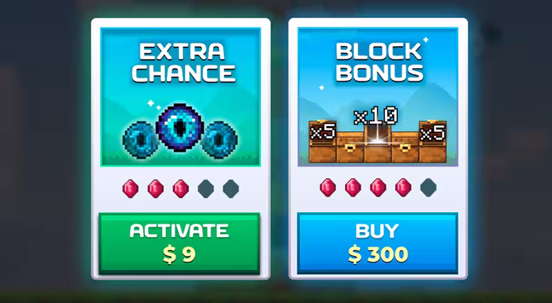Mine Slot bonus buy menu featuring the two options of Extra Chance and Bonus Block