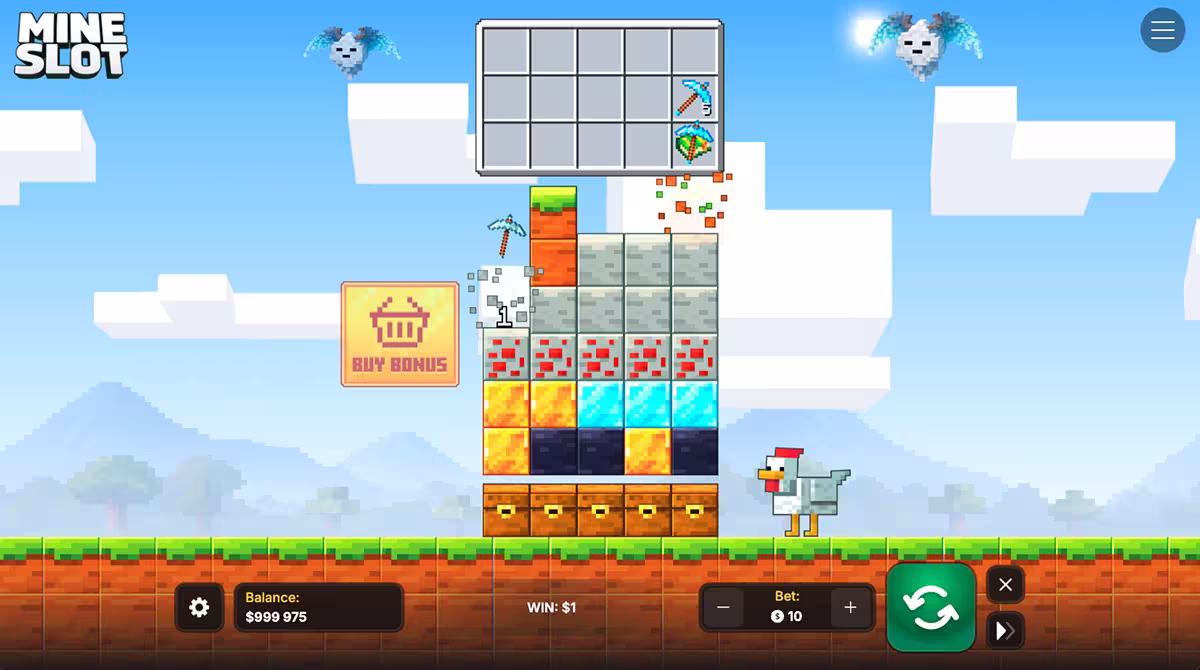 Mine Slot gameplay screenshot showing minecraft themed characters, symbols and blocks