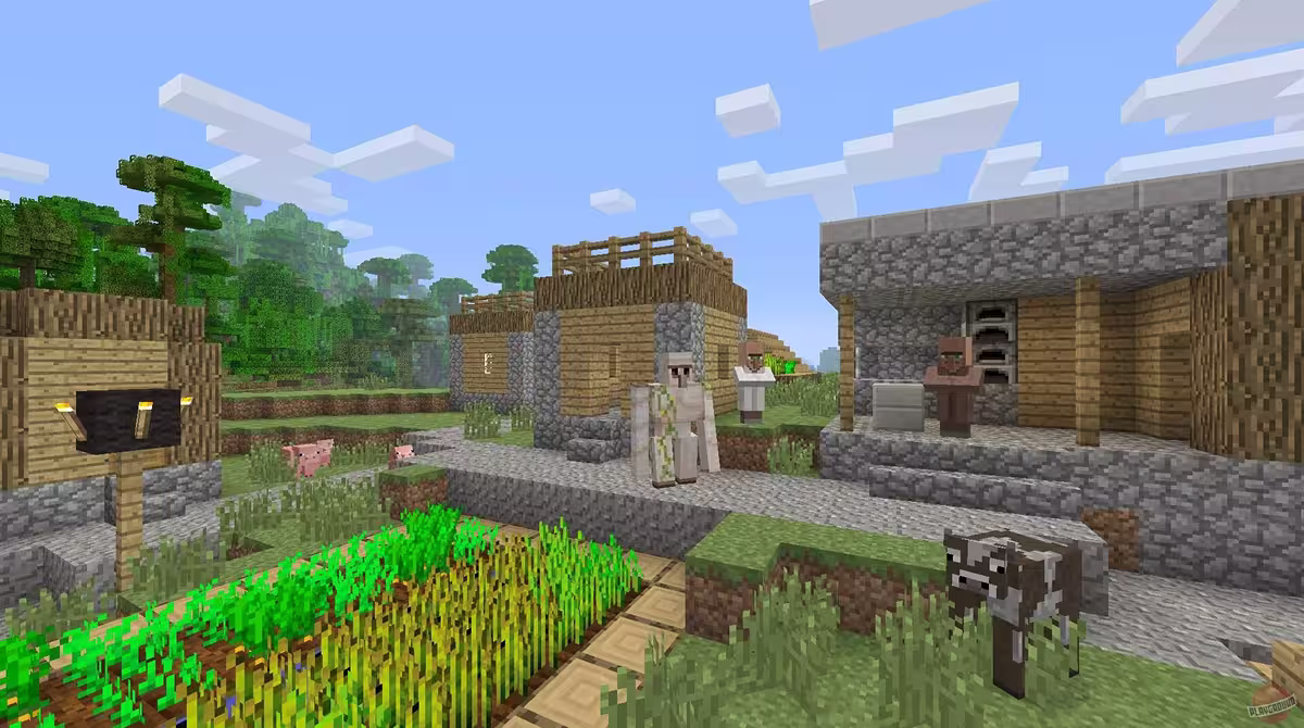Minecraft gameplay screenshot featuring blocks of dirt and stone, plus a cow and trees