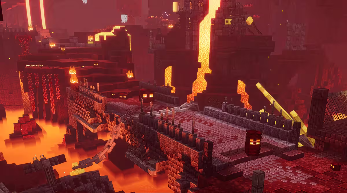 Minecraft gameplay screenshot showing a landscape view of the lava filled nether world