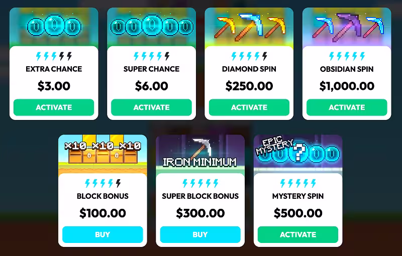 Minedrop 2 bonus buy menu showing the seven purchasable feature options and their costs