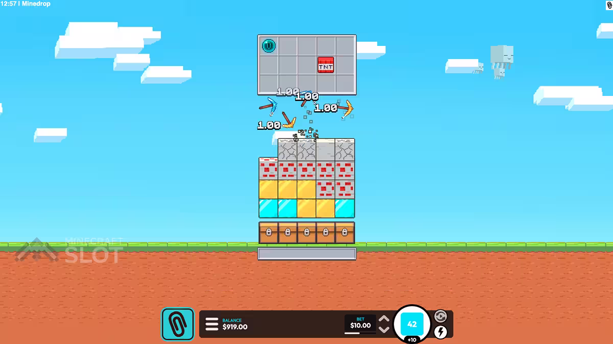 Minedrop gameplay on wide pc screen showing base game spins with pickaxes dropping onto the block stack