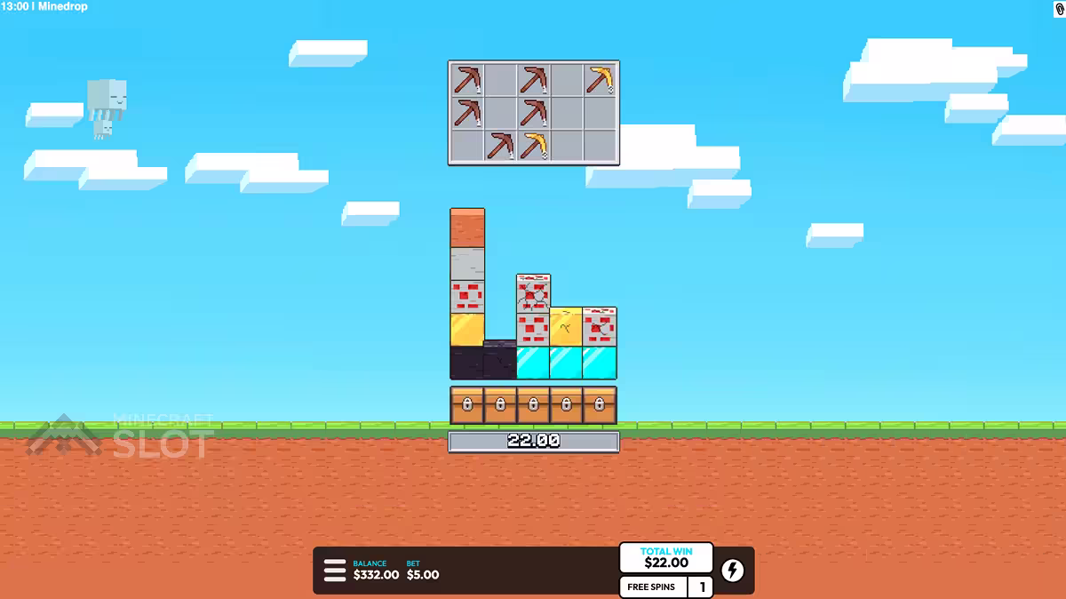 Minedrop on a wide pc screen playing the block bonus free spins round
