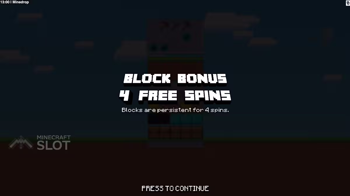 Minedrop gameplay on wide pc screen featuring the four free spins awarded for the block bonus feature